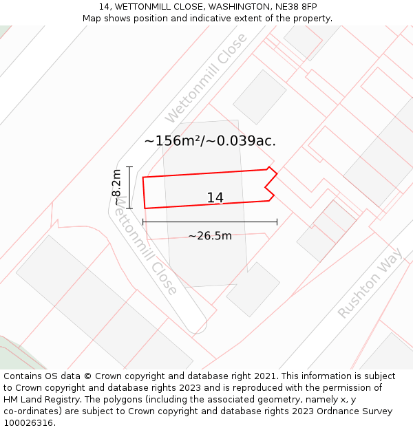 14, WETTONMILL CLOSE, WASHINGTON, NE38 8FP: Plot and title map