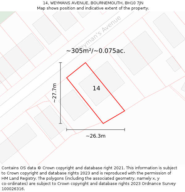 14, WEYMANS AVENUE, BOURNEMOUTH, BH10 7JN: Plot and title map