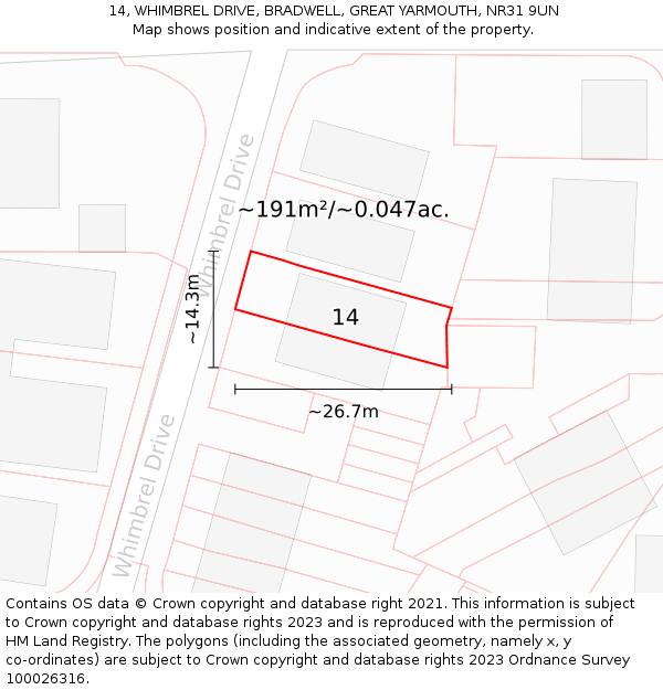 14, WHIMBREL DRIVE, BRADWELL, GREAT YARMOUTH, NR31 9UN: Plot and title map