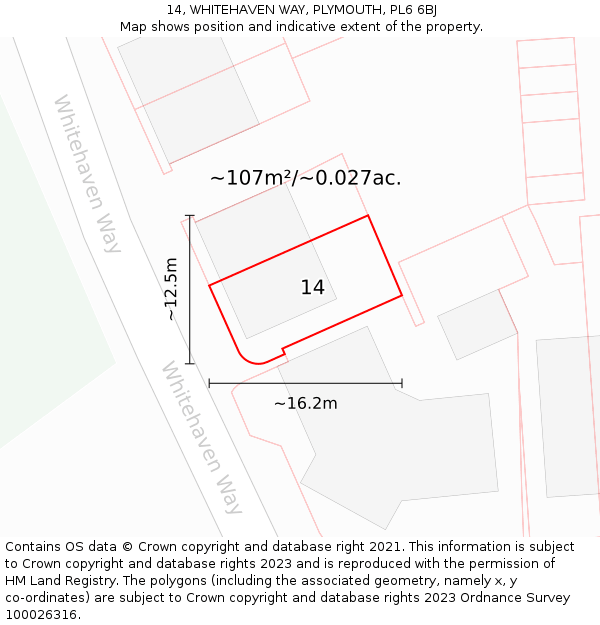 14, WHITEHAVEN WAY, PLYMOUTH, PL6 6BJ: Plot and title map