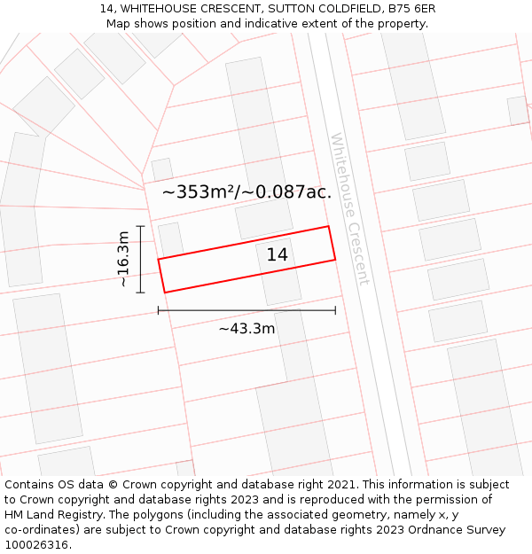 14, WHITEHOUSE CRESCENT, SUTTON COLDFIELD, B75 6ER: Plot and title map