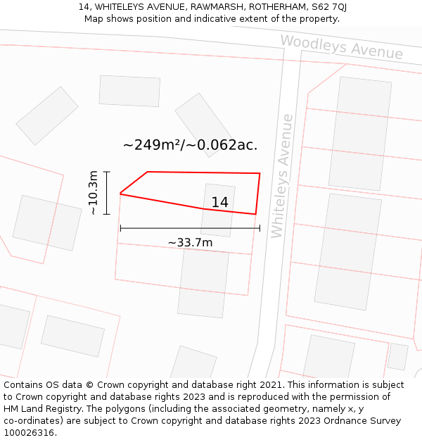 14, WHITELEYS AVENUE, RAWMARSH, ROTHERHAM, S62 7QJ: Plot and title map