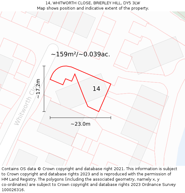 14, WHITWORTH CLOSE, BRIERLEY HILL, DY5 3LW: Plot and title map