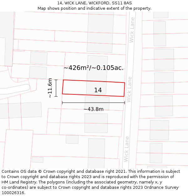 14, WICK LANE, WICKFORD, SS11 8AS: Plot and title map