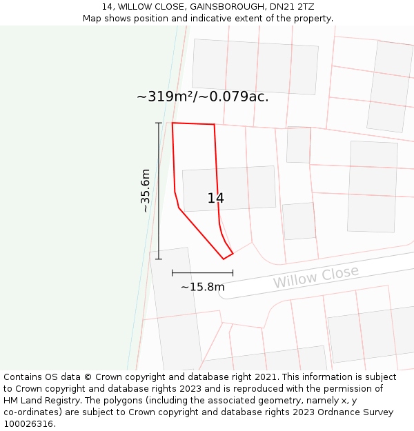 14, WILLOW CLOSE, GAINSBOROUGH, DN21 2TZ: Plot and title map