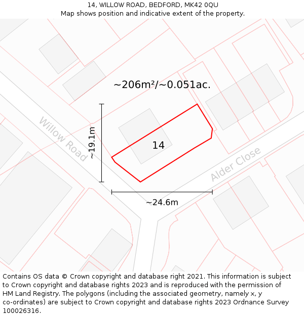 14, WILLOW ROAD, BEDFORD, MK42 0QU: Plot and title map