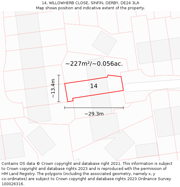 14, WILLOWHERB CLOSE, SINFIN, DERBY, DE24 3LA: Plot and title map