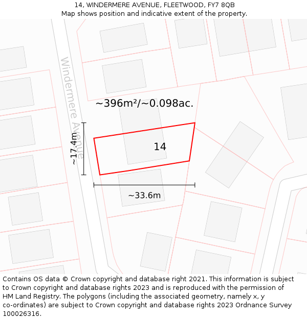 14, WINDERMERE AVENUE, FLEETWOOD, FY7 8QB: Plot and title map