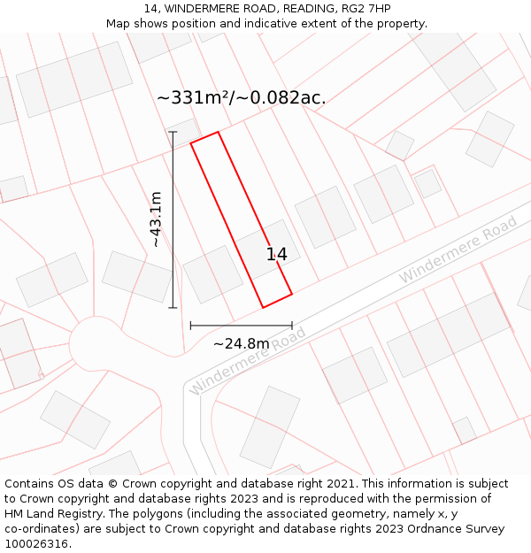 14, WINDERMERE ROAD, READING, RG2 7HP: Plot and title map