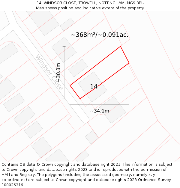 14, WINDSOR CLOSE, TROWELL, NOTTINGHAM, NG9 3PU: Plot and title map