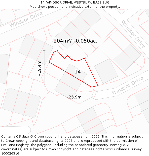 14, WINDSOR DRIVE, WESTBURY, BA13 3UG: Plot and title map