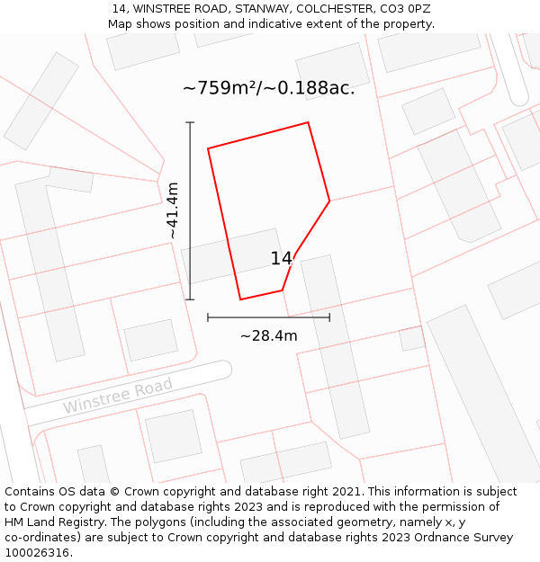 14, WINSTREE ROAD, STANWAY, COLCHESTER, CO3 0PZ: Plot and title map