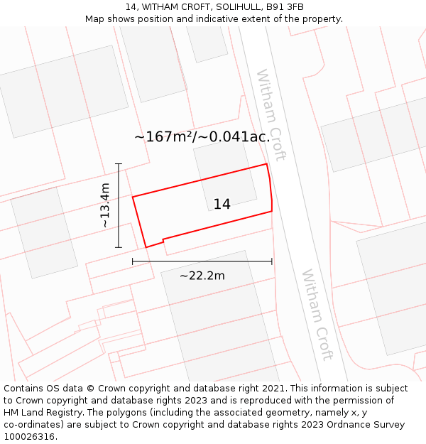14, WITHAM CROFT, SOLIHULL, B91 3FB: Plot and title map