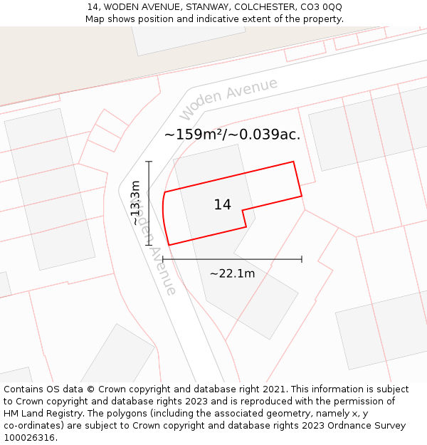 14, WODEN AVENUE, STANWAY, COLCHESTER, CO3 0QQ: Plot and title map