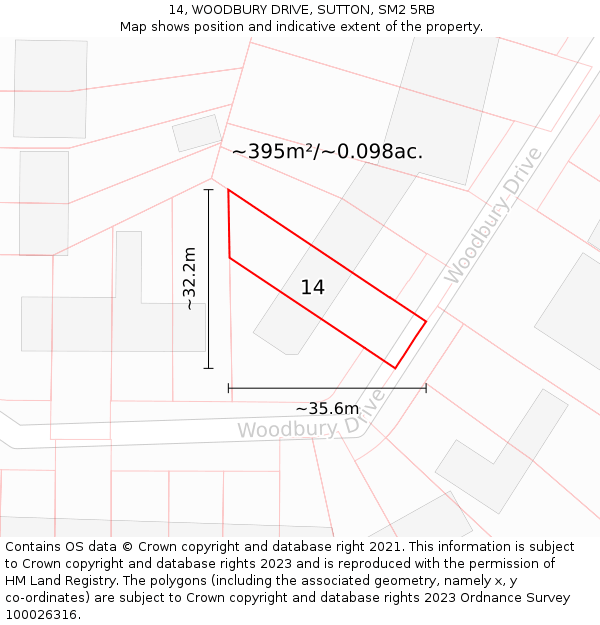 14, WOODBURY DRIVE, SUTTON, SM2 5RB: Plot and title map