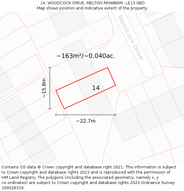 14, WOODCOCK DRIVE, MELTON MOWBRAY, LE13 0BD: Plot and title map