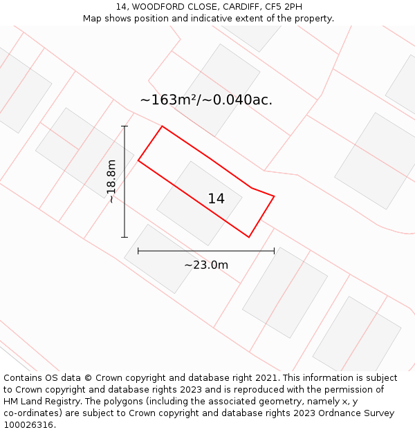 14, WOODFORD CLOSE, CARDIFF, CF5 2PH: Plot and title map