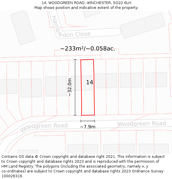 14, WOODGREEN ROAD, WINCHESTER, SO22 6LH: Plot and title map