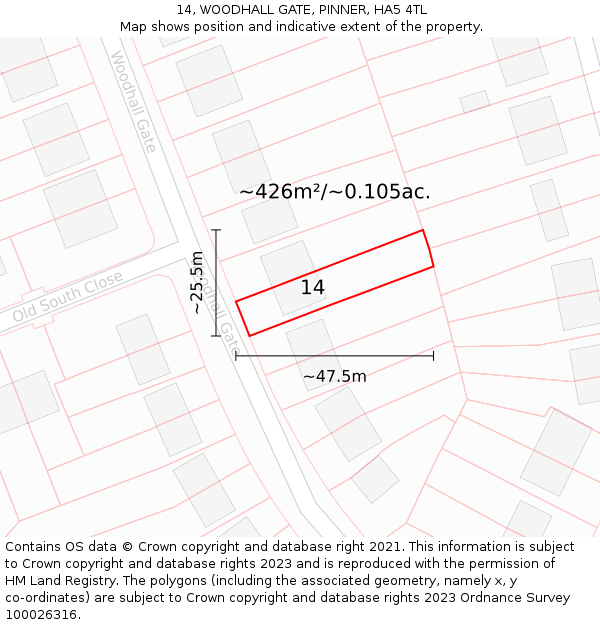 14, WOODHALL GATE, PINNER, HA5 4TL: Plot and title map