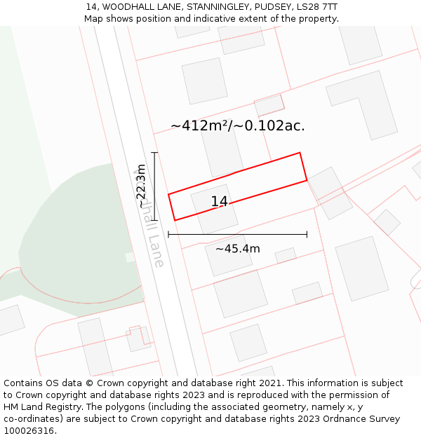 14, WOODHALL LANE, STANNINGLEY, PUDSEY, LS28 7TT: Plot and title map