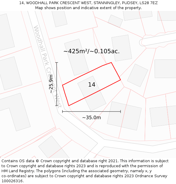 14, WOODHALL PARK CRESCENT WEST, STANNINGLEY, PUDSEY, LS28 7EZ: Plot and title map