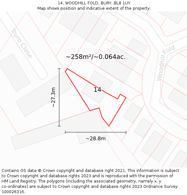 14, WOODHILL FOLD, BURY, BL8 1UY: Plot and title map