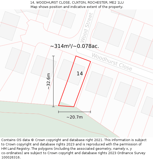 14, WOODHURST CLOSE, CUXTON, ROCHESTER, ME2 1LU: Plot and title map