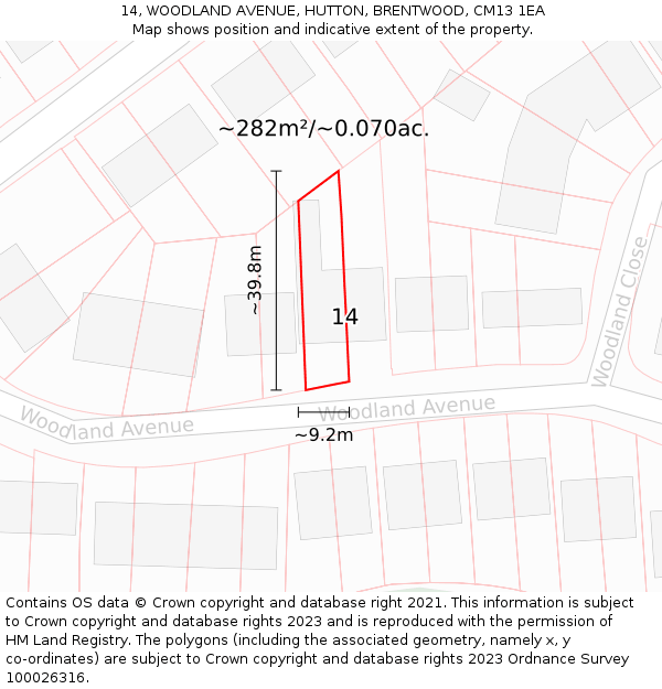 14, WOODLAND AVENUE, HUTTON, BRENTWOOD, CM13 1EA: Plot and title map