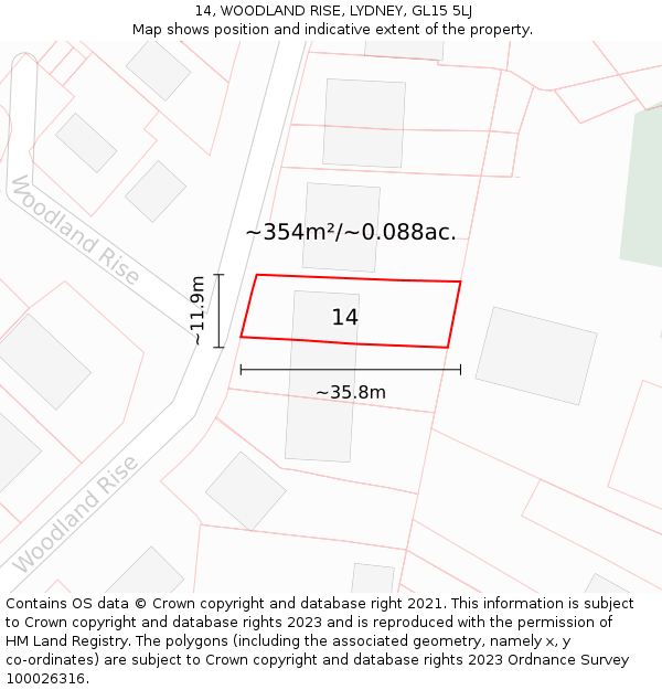 14, WOODLAND RISE, LYDNEY, GL15 5LJ: Plot and title map