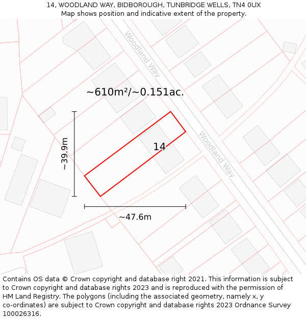 14, WOODLAND WAY, BIDBOROUGH, TUNBRIDGE WELLS, TN4 0UX: Plot and title map