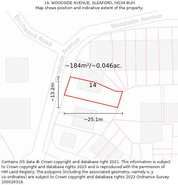 14, WOODSIDE AVENUE, SLEAFORD, NG34 8UH: Plot and title map