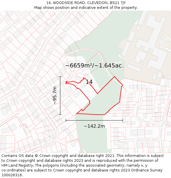 14, WOODSIDE ROAD, CLEVEDON, BS21 7JY: Plot and title map