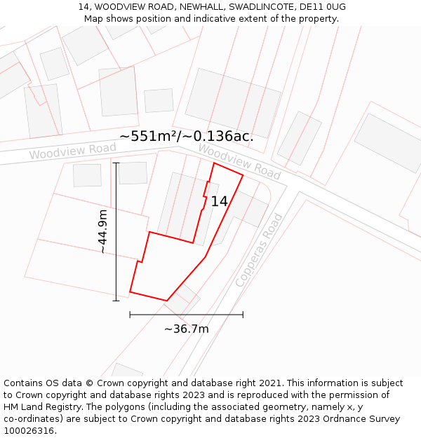 14, WOODVIEW ROAD, NEWHALL, SWADLINCOTE, DE11 0UG: Plot and title map