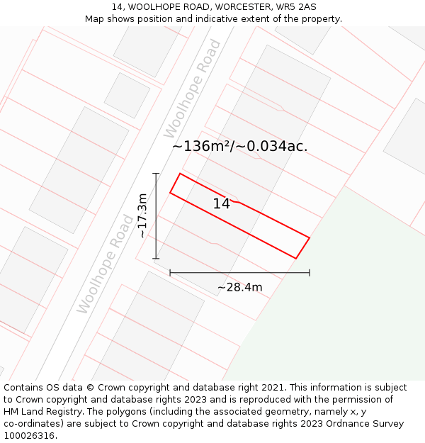 14, WOOLHOPE ROAD, WORCESTER, WR5 2AS: Plot and title map