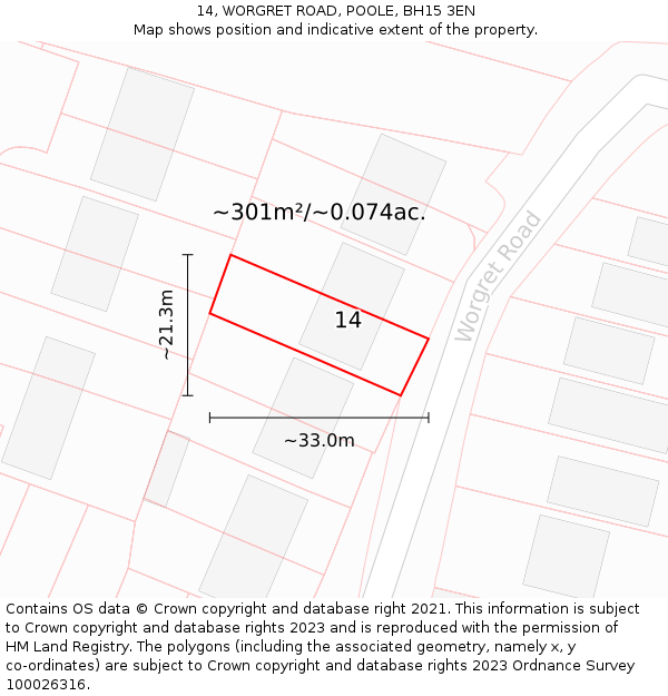 14, WORGRET ROAD, POOLE, BH15 3EN: Plot and title map