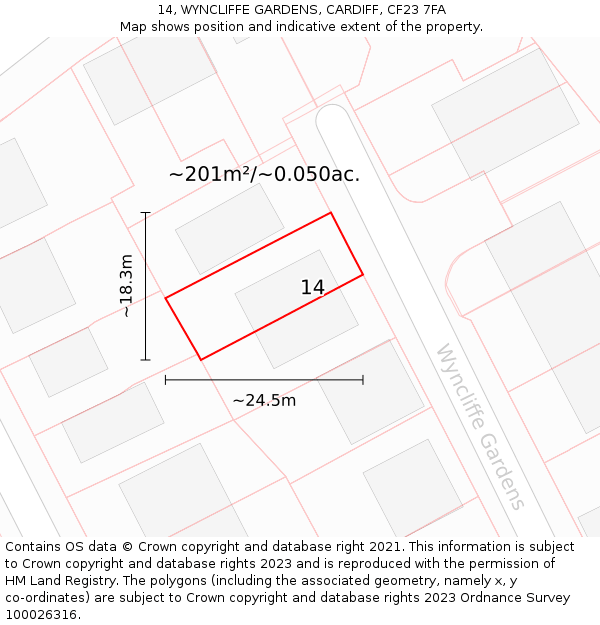 14, WYNCLIFFE GARDENS, CARDIFF, CF23 7FA: Plot and title map