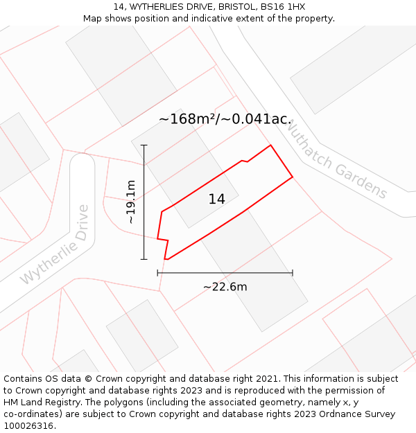 14, WYTHERLIES DRIVE, BRISTOL, BS16 1HX: Plot and title map