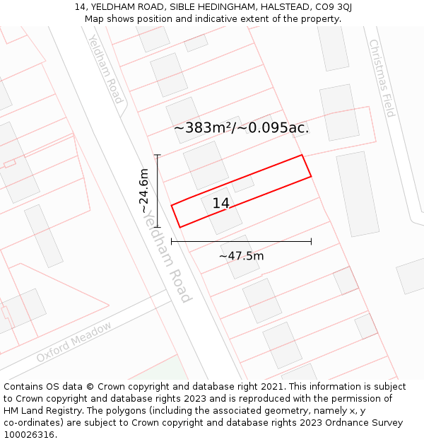 14, YELDHAM ROAD, SIBLE HEDINGHAM, HALSTEAD, CO9 3QJ: Plot and title map