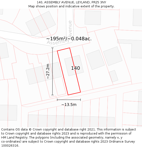 140, ASSEMBLY AVENUE, LEYLAND, PR25 3NY: Plot and title map