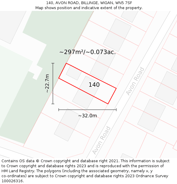 140, AVON ROAD, BILLINGE, WIGAN, WN5 7SF: Plot and title map