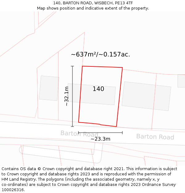 140, BARTON ROAD, WISBECH, PE13 4TF: Plot and title map