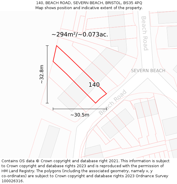 140, BEACH ROAD, SEVERN BEACH, BRISTOL, BS35 4PQ: Plot and title map