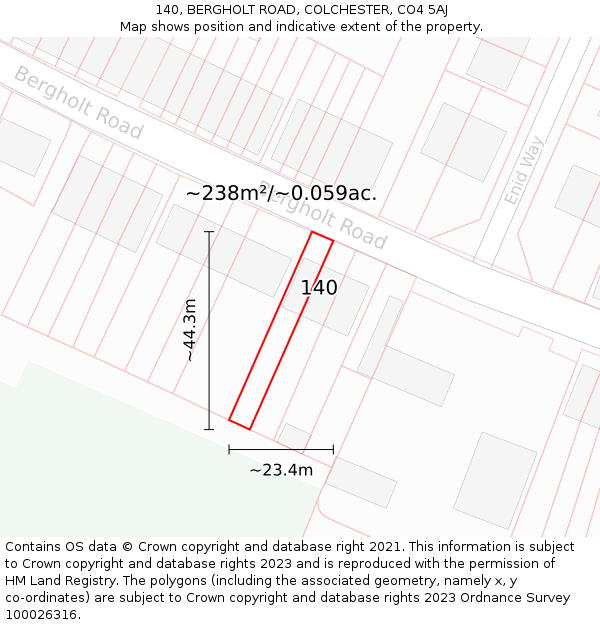 140, BERGHOLT ROAD, COLCHESTER, CO4 5AJ: Plot and title map