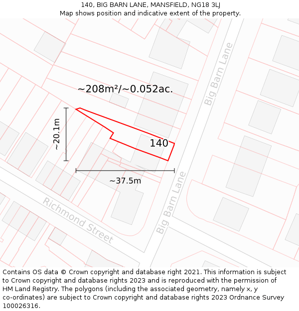 140, BIG BARN LANE, MANSFIELD, NG18 3LJ: Plot and title map