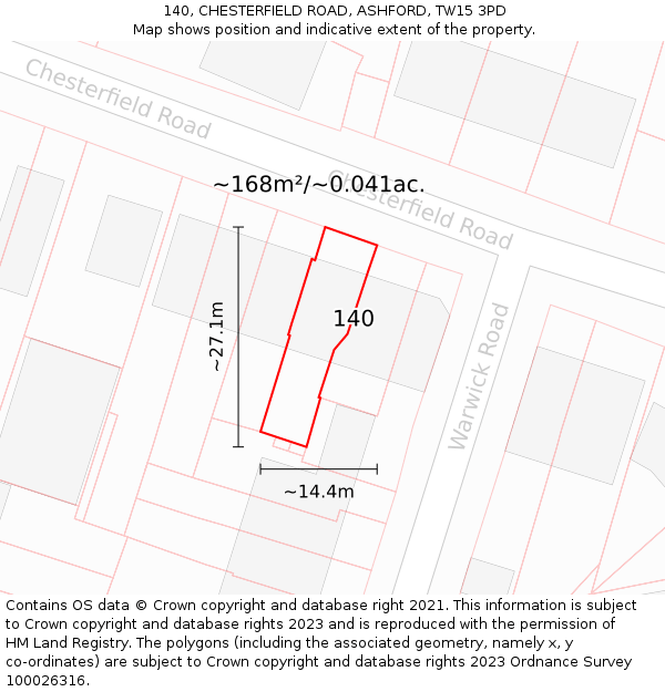 140, CHESTERFIELD ROAD, ASHFORD, TW15 3PD: Plot and title map