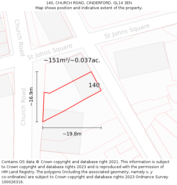 140, CHURCH ROAD, CINDERFORD, GL14 3EN: Plot and title map