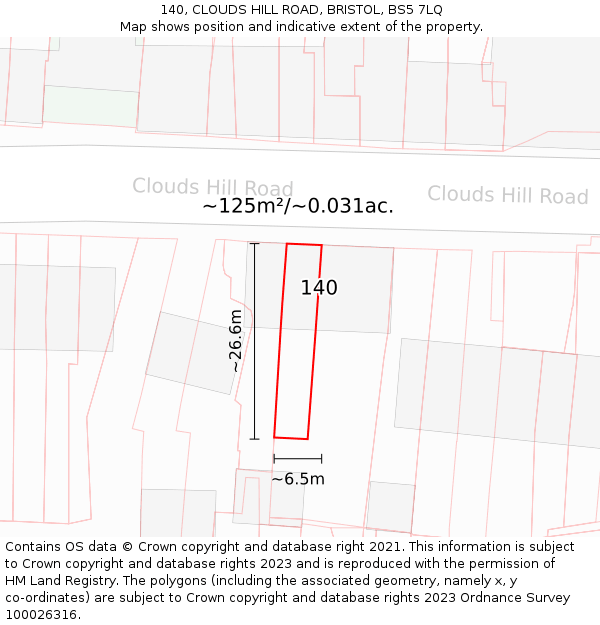 140, CLOUDS HILL ROAD, BRISTOL, BS5 7LQ: Plot and title map