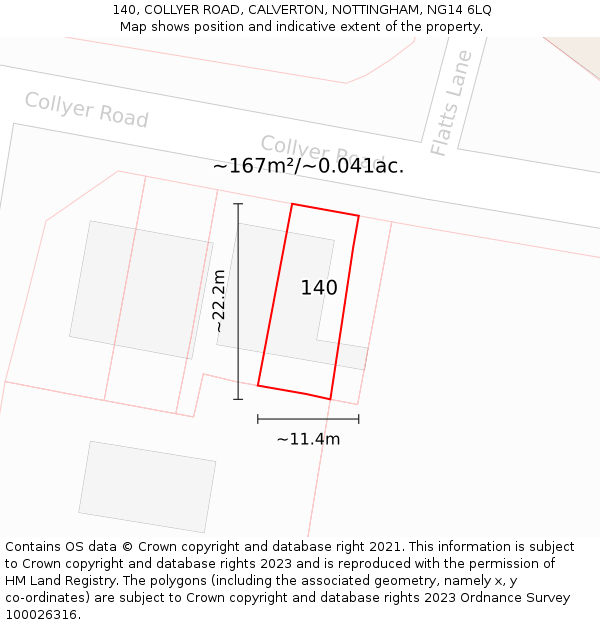 140, COLLYER ROAD, CALVERTON, NOTTINGHAM, NG14 6LQ: Plot and title map