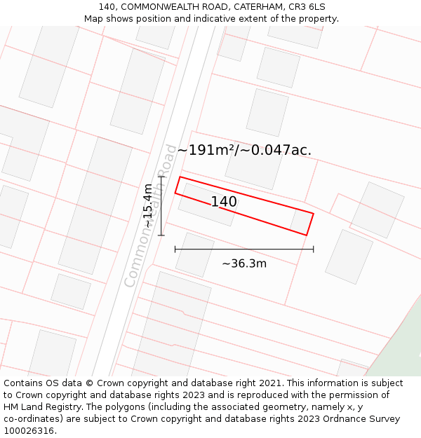 140, COMMONWEALTH ROAD, CATERHAM, CR3 6LS: Plot and title map