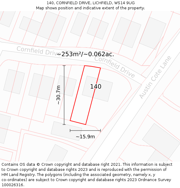 140, CORNFIELD DRIVE, LICHFIELD, WS14 9UG: Plot and title map